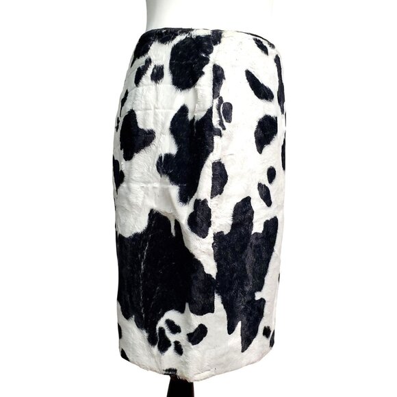 Cow Print Faux Fur Mini Skirt With Black Lining & Back Zipper By Caché Size 8 - Picture 12 of 13